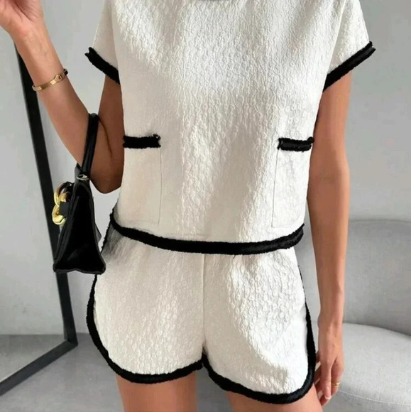 Color-Blocked WovenTape Patchwork Shirt And Short Set For Summer - Picture 2 of 7